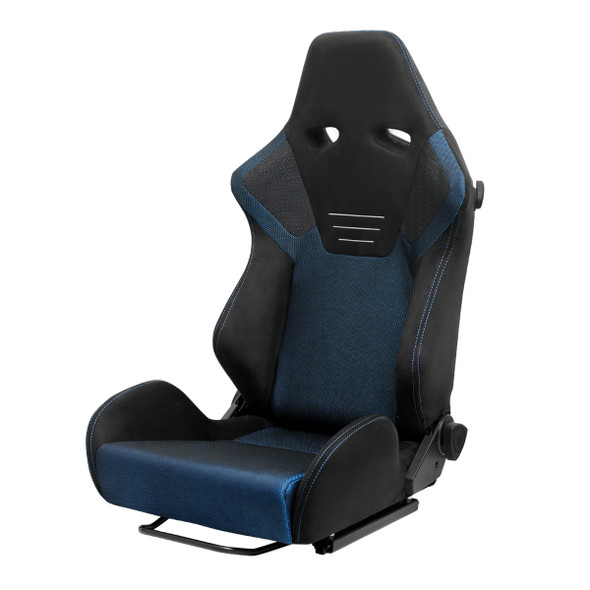 Universal Fully Reclinable Black Suede Blue Mesh High Bolster Bucket Racing Seat w/ Sliders - Single Seat