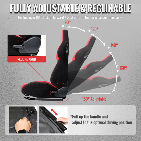 Universal Fully Reclinable Black Red Suede Bucket Racing Seat w/ Sliders - Driver Side Only