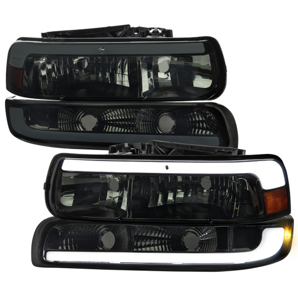 1999-2002 Chevrolet Silverado / 2000-2006 Tahoe / Suburban LED Bar Factory Style Headlights w/ Bumper Light Assembly (Chrome Housing / Smoked Lens)
