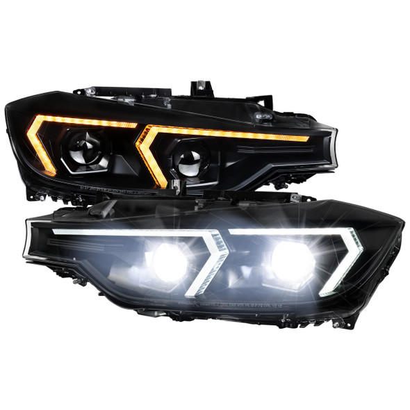 2012-2015 BMW F30 3 Series Full LED Projector Headlights w/ Switchback Sequential Turn Signal (Black Housing / Clear Lens)