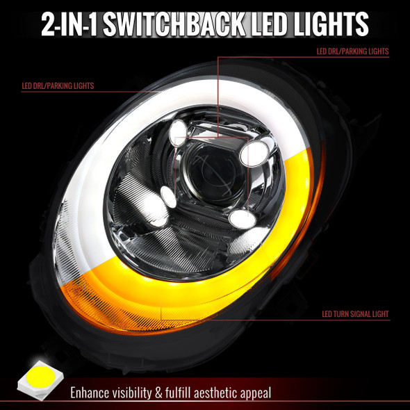 2014-2021 Mini Cooper F55 F56 F57 Projector Headlights Swithback LED DRL (Chrome Housing / Clear Lens)