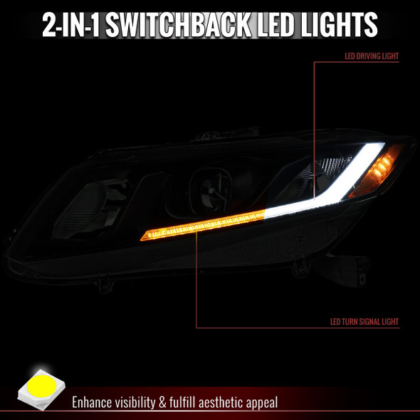 2012-2013 Honda Civic Coupe / 2012-2015 Civic Sedan Switchback LED Bar Projector Headlights (Matte Black Housing / Smoked Lens)