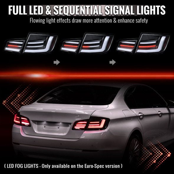 2011-2013 BMW 5 Series F10 Sedan Full LED Tail Lights with Sequential Turn Signal (Matte Black Housing / Clear Lens)