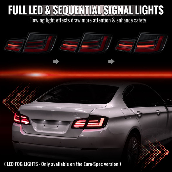 2011-2013 BMW 5 Series F10 Sedan Full LED Tail Lights with Sequential Turn Signal (Black Housing / Smoked Lens)