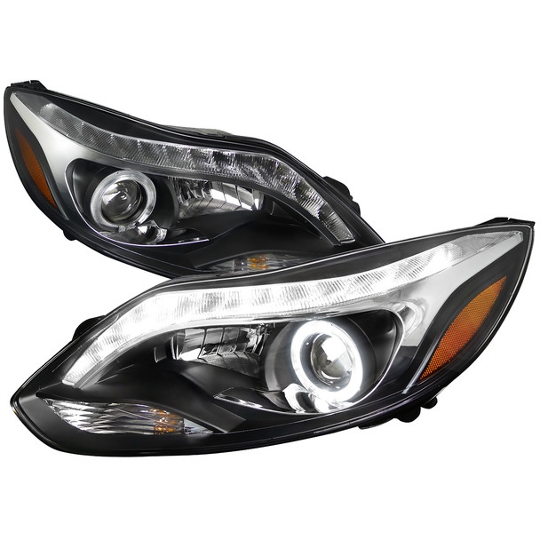 2012-2014 Ford Focus Halo Projector Headlights w/ LED Light Strip (Matte Black Housing/Clear Lens)