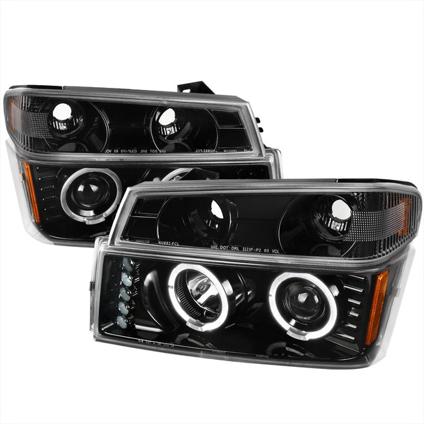 2004-2012 Chevrolet Colorado GMC Canyon Dual Halo Projector Headlights & Corner Lights Pair (Jet Black Housing/Clear Lens)