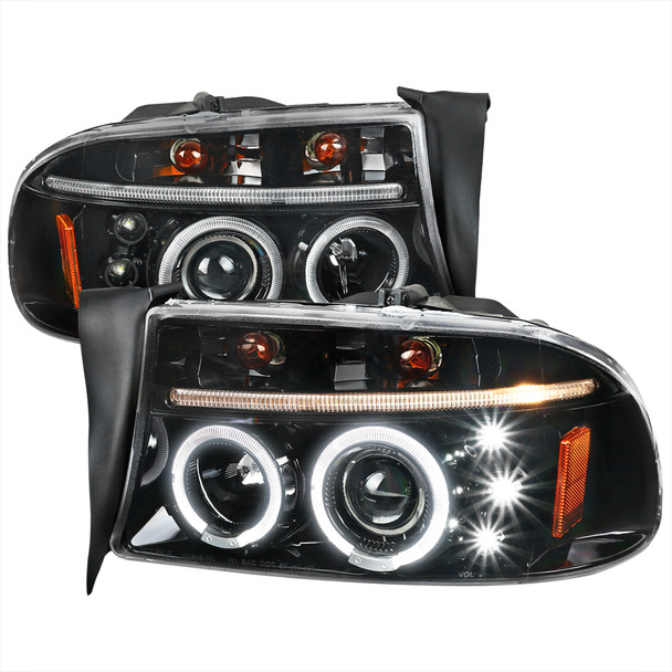 1997-2004 Dodge Dakota/ 1998-2003 Durango Dual Halo Projector Headlights (Jet Black Housing/Clear Lens)