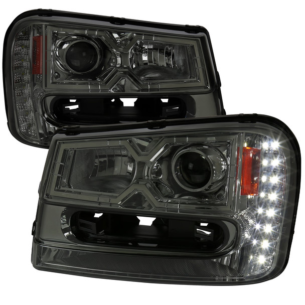 2002-2009 Chevrolet Trailblazer Projector Headlights w/ LED Light Strip (Chrome Housing/Smoked Lens)