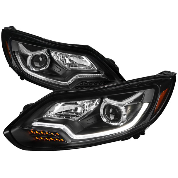 2012-2014 Ford Focus Projector Headlights w/ LED Light Strip & Sequential Turn Signal Lights (Matte Black Housing/Clear Lens)