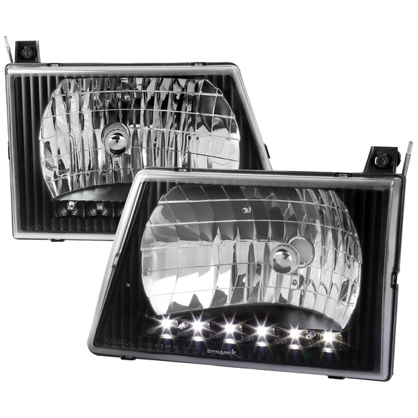 1992-2006 Ford Econoline Factory Style Headlights w/ SMD LED Light Strip (Matte Black Housing/Clear Lens)