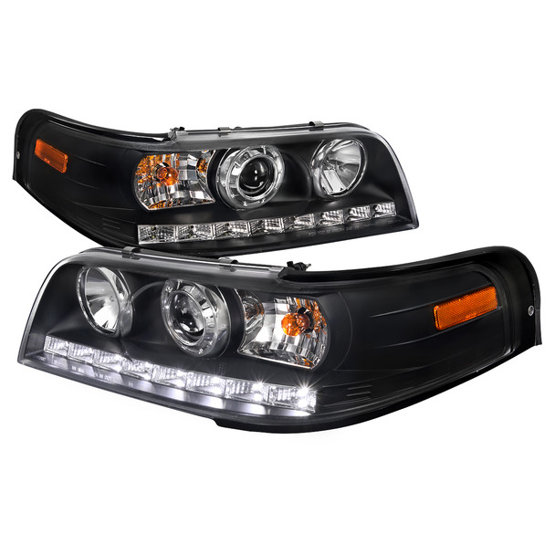 1998-2011 Ford Crown Victoria Projector Headlights w/ LED Light Strip (Matte Black Housing/Clear Lens)