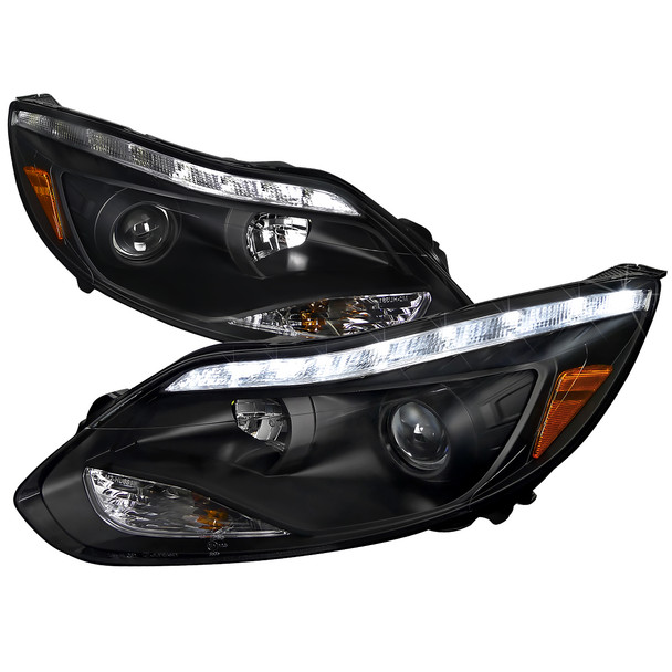 2012-2014 Ford Focus Projector Headlights w/ LED Light Strip & LED Turn Signal Lights (Matte Black Housing/Clear Lens)