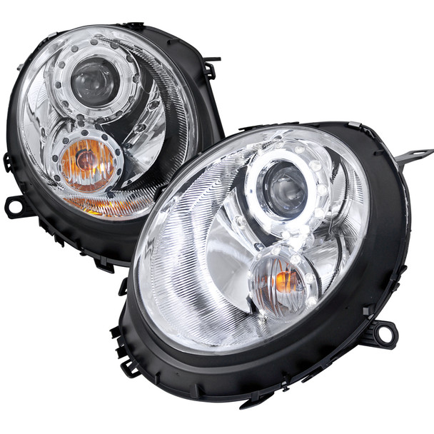 2007-2015 Mini Cooper R55 R56 R57 R58 R59 Single Halo Projector Headlights (Chrome Housing/Clear Lens)