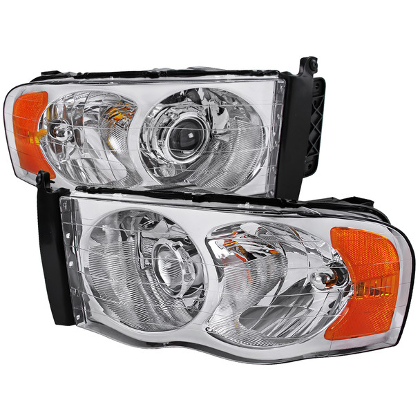 2002-2005 Dodge RAM 1500/ 2003-2005 RAM 2500 3500 Projector Headlights w/ Amber Reflectors (Chrome Housing/Clear Lens)