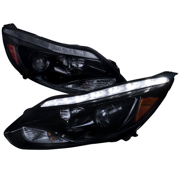 2012-2014 Ford Focus Projector Headlights w/ LED Light Strip & LED Turn Signal Lights (Chrome Housing/Smoke Lens)