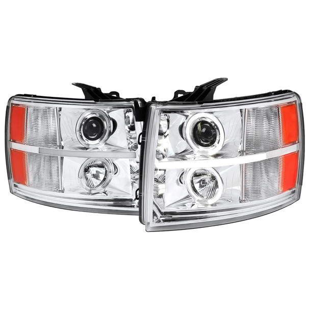 2007-2013 Chevrolet Silverado 1500/ 2007-2014 Silverado 2500HD 3500HD Dual Halo Projector Headlights w/ LED Light Bar (Chrome Housing/Clear Lens)