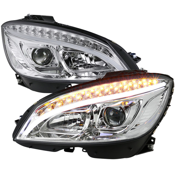2008-2011 Mercedes Benz W204 C Class Projector Headlights w/ LED Light Bar & LED Turn Signal Lights (Chrome Housing/Clear Lens)
