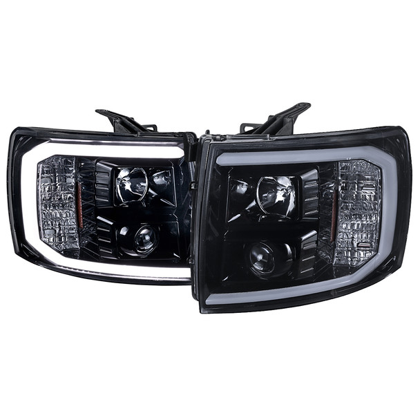 2007-2013 Chevrolet Silverado 1500/ 2007-2014 Silverado 2500HD 3500HD  LED C-Bar Projector Headlights (Glossy Black Housing/Smoke Lens)