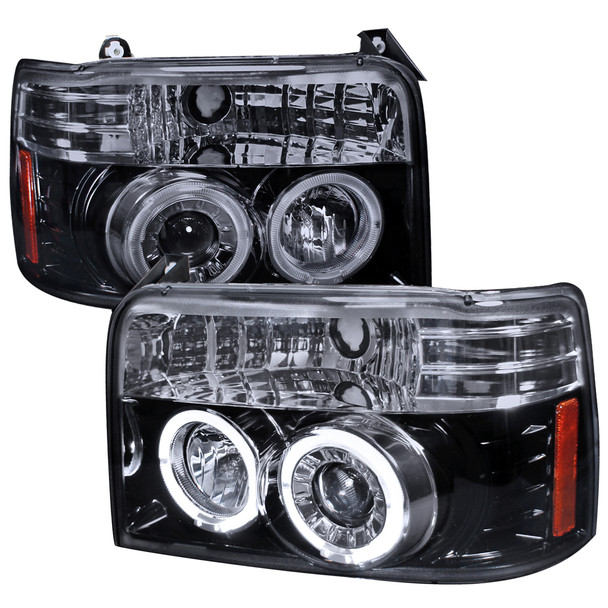 1992-1996 Ford F-150 F-250 F-350 Bronco Dual Halo Projector Headlights (Glossy Black Housing/Smoke Lens)