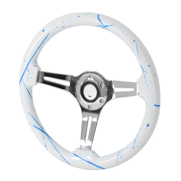 350mm White & Blue 2" Deep Dish Aluminum 3-Spoke Wooden Steering Wheel (Chrome)