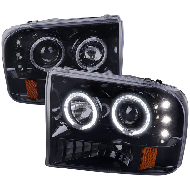 1999-2004 Ford Excursion F-250 F-350 F-450 F-550 Dual Halo Projector Headlights (Glossy Black/Smoke Lens)