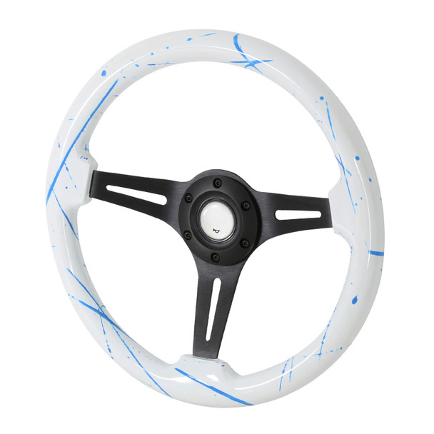 350mm White & Blue 2" Deep Dish Aluminum 3-Spoke Wooden Steering Wheel (Black)