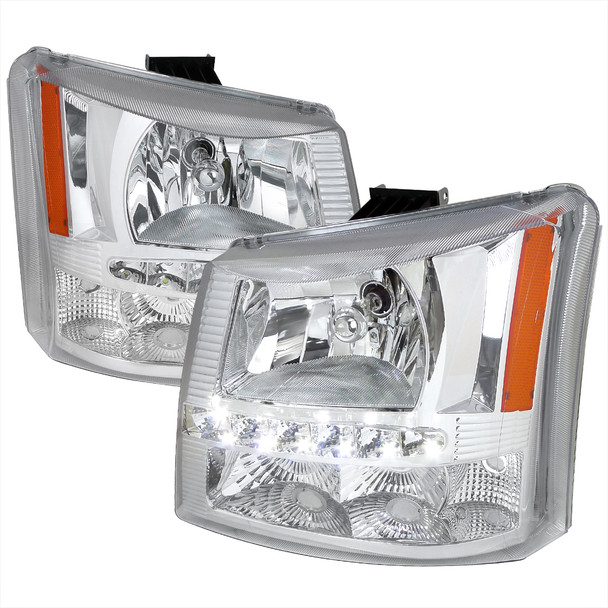 2002-2006 Chevrolet Avalanche/ 2003-2007 Silverado 1PC Factory Style Headlights w/ SMD LED Light Strip & Bumper Lights (Chrome Housing/Clear Lens)