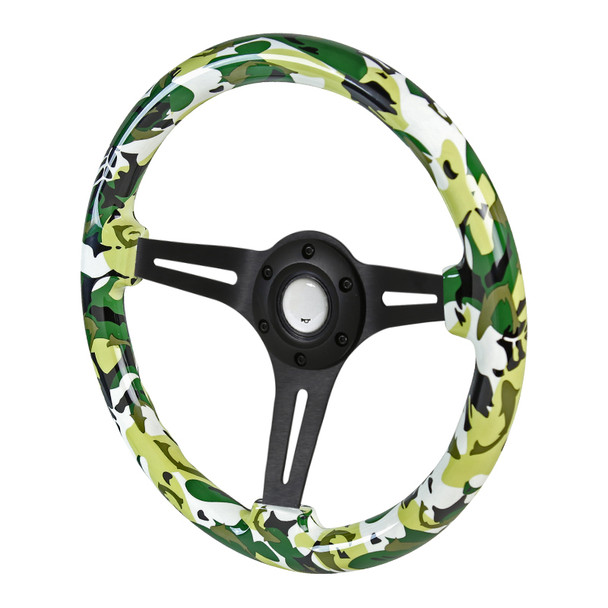 350mm Green & White Camouflage Style 2" Deep Dish Aluminum 3-Spoke Wooden Steering Wheel (Black)