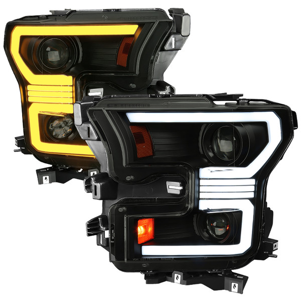 2015-2017 Ford F-150 LED Bar Projector Headlights w/ Switchback Sequential Turn Signals (Black Housing / Smoked Lens)