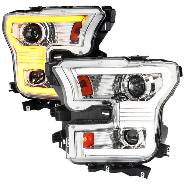 2015-2017 Ford F-150 LED Bar Projector Headlights w/ Switchback Sequential Turn Signals (Chrome Housing / Clear Lens)
