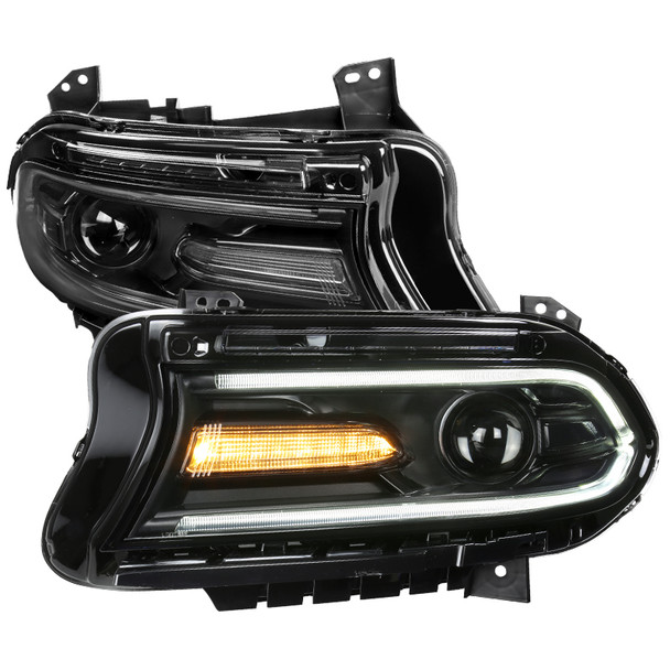 2015-2020 Dodge Charger Projector Headlights w/ LED C Strip & LED Turn Signal Lights (Black Housing/Clear Lens)
