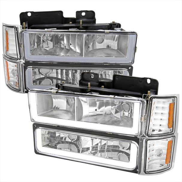 1994-1998 Chevrolet Silverado/Tahoe/Suburban/C10 Factory Style Headlights w/LED Strip and Bumper & Corner Lights (Chrome Housing/Clear Lens)