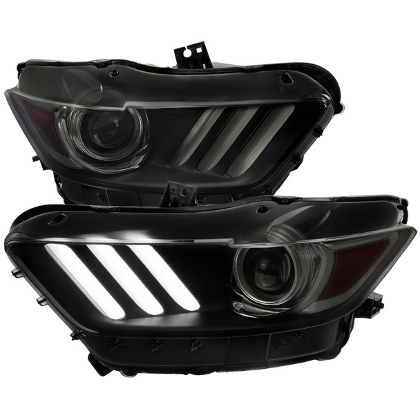 2015-2017 Ford Mustang HID/Xenon Switchback Sequential LED Turn Signal Projector Headlights (Matte Black Housing/Smoke Lens)