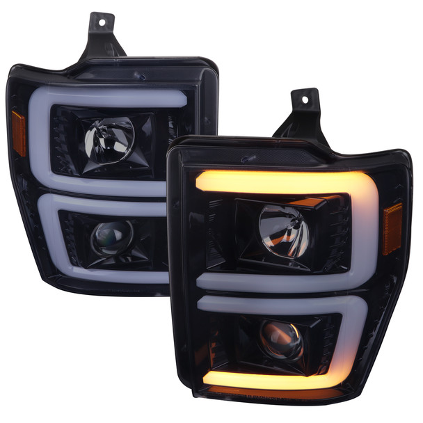 2008-2010 Ford F-250/F-350/F-450/F-550 LED Sequential Turn Signal Bar Projector Headlights (Glossy Black Housing/Smoke Lens)
