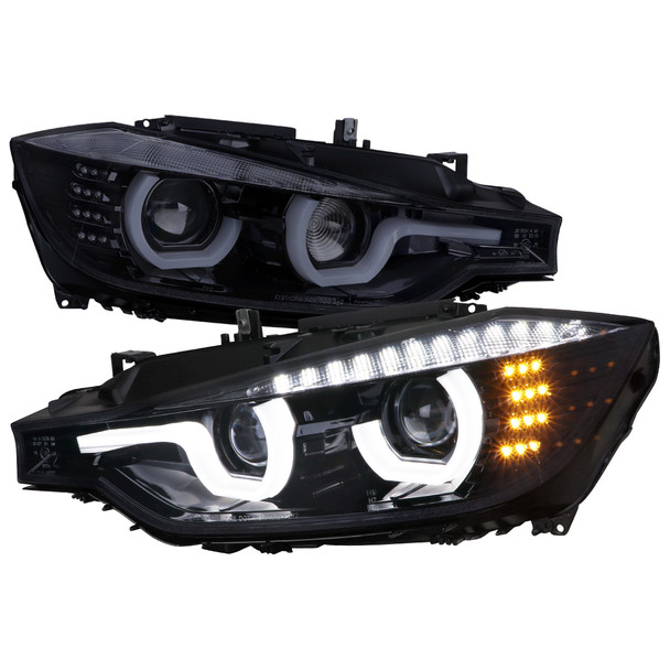 2012-2015 BMW F30 3 Series Sedan Dual LED U-Bar Projector HID-Compatible Headlights w/ LED Turn Signal Lights (Glossy Black Housing/Smoke Lens)