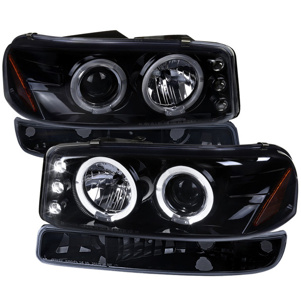 1999-2006 GMC Sierra/Yukon XL/SLT Dual Halo Projector Headlights & Bumper Lights (Glossy Black Housing/Smoke Lens)