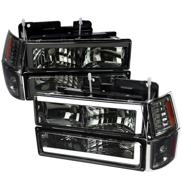 1994-1998 Chevrolet C10 C/K Tahoe Suburban LED Tube Factory Headlights with Corner Signal Bumper Lights (Chrome Housing/Smoke Lens)