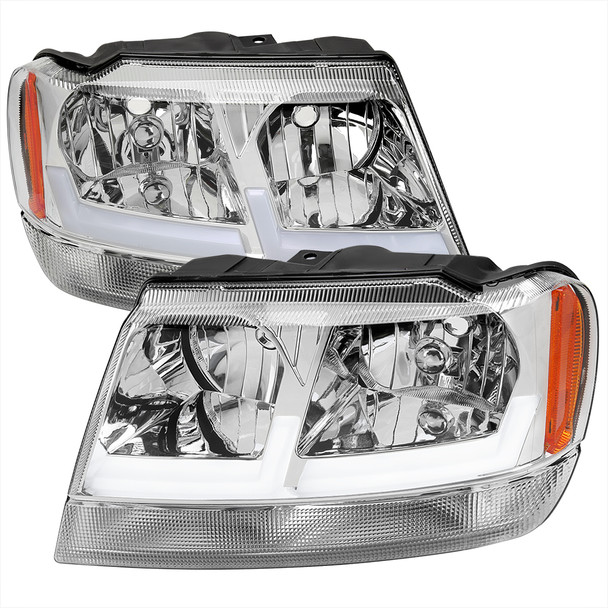 1999-2004 Jeep Grand Cherokee Factory Style Dual LED Bar Headlights (Chrome Housing/Clear Lens)