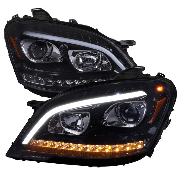 2009-2011 Mercedes Benz W164 ML-Class LED Sequetial Turn Signal Projector Headlights (Glossy Black Housing/Smoke Lens)
