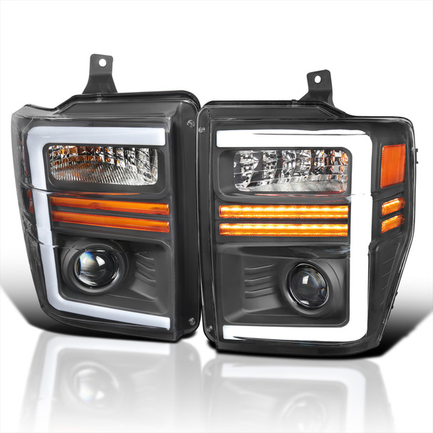 2008-2010 Ford F-250/F-350/F-450/F-550 Super Duty Projector Headlights w/ LED Sequential Turn Signal (Matte Black Housing/Clear Lens)