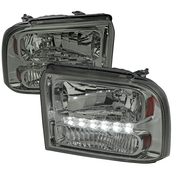 2005-2007 Ford F-250/F-350/F-450/F-550/Excursion Crystal Headlights w/ SMD LED Light Strip (Chrome Housing/Smoked Lens)