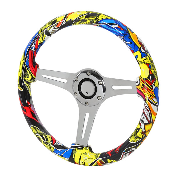 350mm Yellow Skull Graffiti Style 2" Deep Dish Aluminum 3-Spoke Wooden Steering Wheel