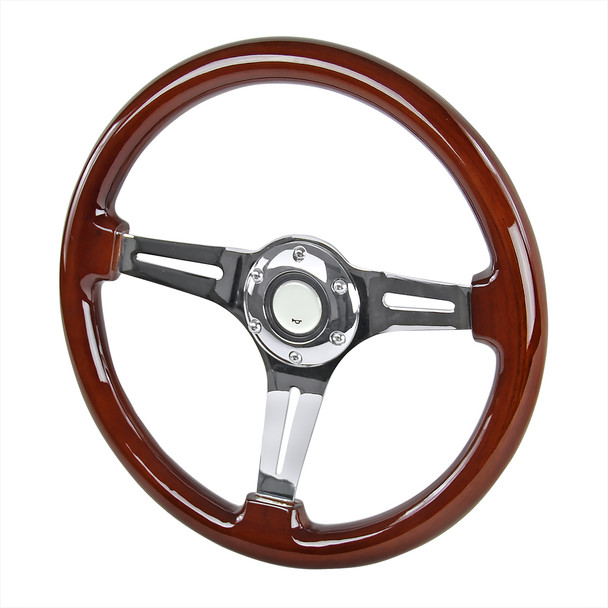 340mm Chrome 3-Spoke 1.75" Deep Dish Classic Wooden Steering Wheel