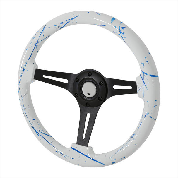 350mm White & Blue 2" Deep Dish Aluminum 3-Spoke Wooden Steering Wheel (Black)