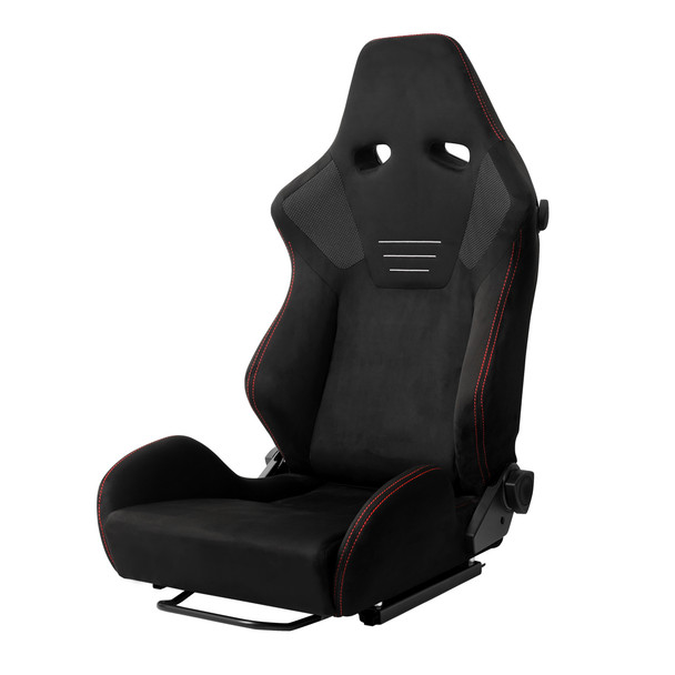 Universal Fully Reclinable Black Suede Red Stitch Bucket Racing Seat w/ Sliders - Single Seat
