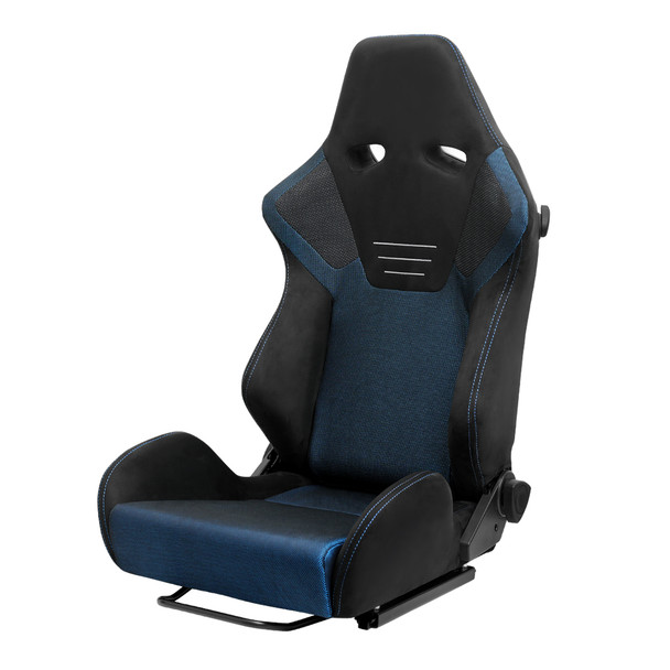 Universal Fully Reclinable Black Suede Blue Mesh High Bolster Bucket Racing Seat w/ Sliders - Single Seat