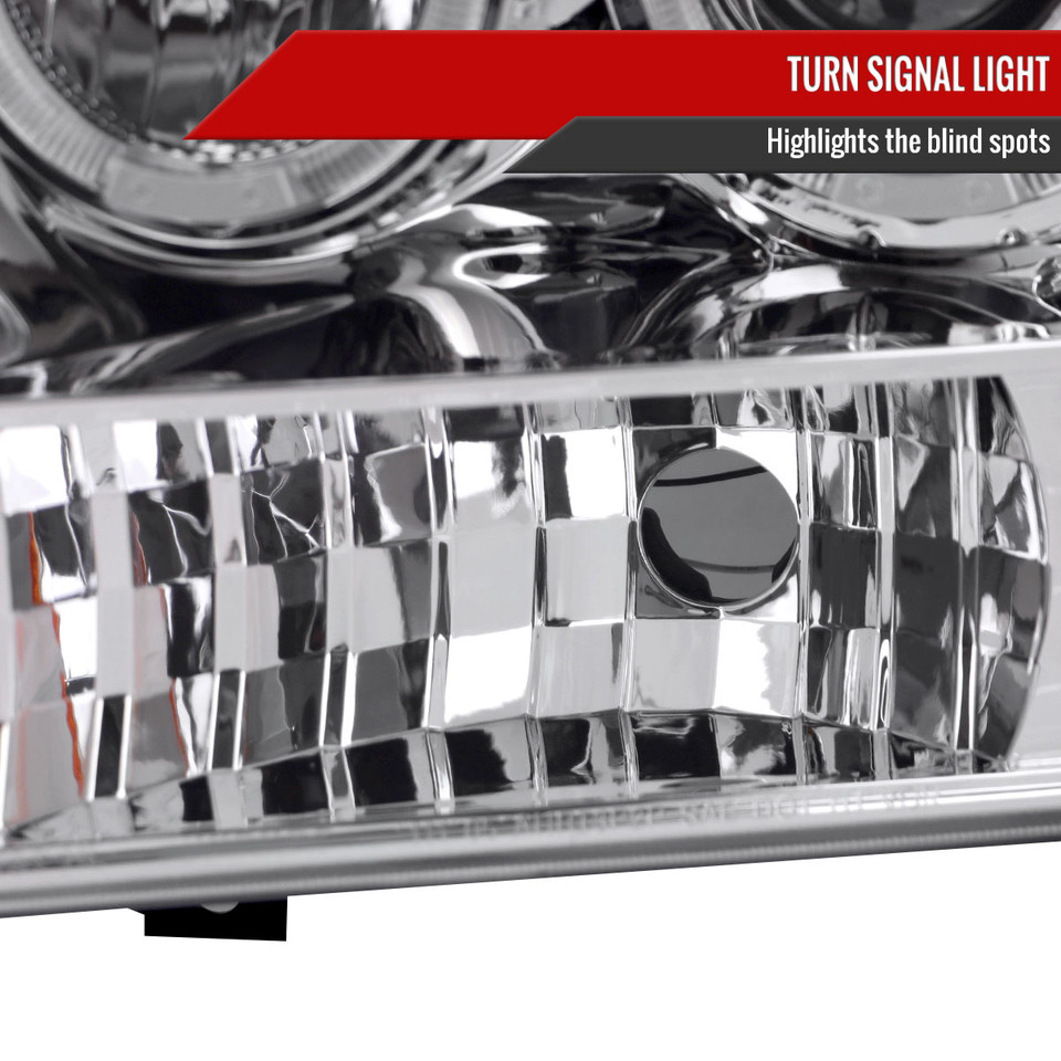 Chrome Excursion Halo DRL Headlights For 1999-2004 Ford F250 F350 Super Duty - Clear Lens, Pair, By Transmotor2013-692694