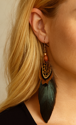 feather earrings black with pheasant side view feather earrings black with pheasant side view
