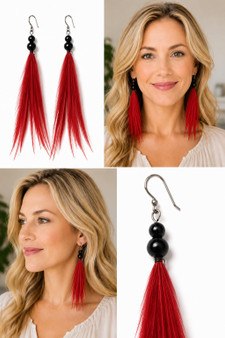 Red Feather Earrings Four inch with Black Onyx Beads | Festival, Gothic & Western Style