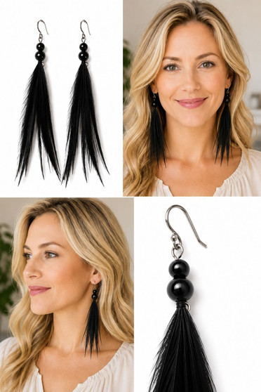 Black saddle feather earrings  4 inch collage